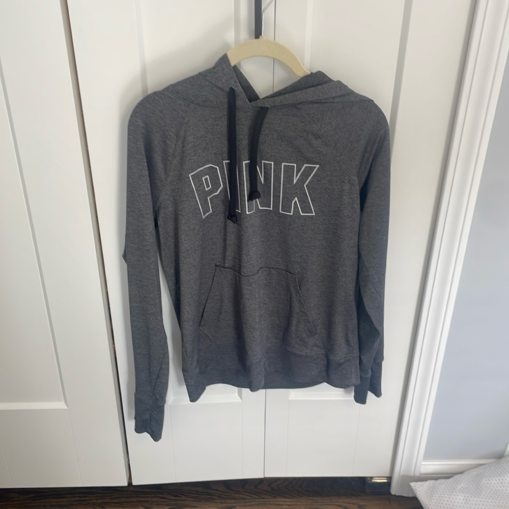 PINK, fits size small, gray hoodie